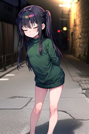 masterpiece, best quality, solo, 1girl, (arms behind back:1.1),loli,dark tunnel,looking at viewer,long_hair,  black_hair, closed_eyes,green sweater,smile,  sleeves_past_wrists,  turtleneck, closed_mouth, bangs, long_sleeves