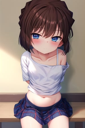 masterpiece, best quality,solo,1girl, looking at viewer, arms behind back ,(loli:1.2),short_hair,aihaibara,blue_eyes, brown_hair, closed_mouth,off-shoulder,crop_top,tartan_skirt,tiny_breasts