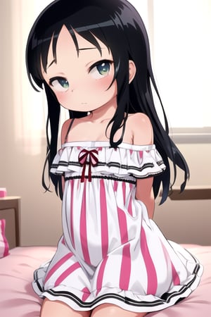 masterpiece, best quality, solo,looking at viewer, 1girl, arms behind back , looking at viewer, in bedroom,(loli:1.3), in white and red style, night, sleeveless dress, (horizontal stripes:1.2), off_shoulder, 