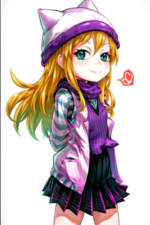 masterpiece, best quality, (solo:1.3), 1girl, loli, arms behind back,looking_at_viewer,OrimotoIzumi,  purple vest,horizontal striped shirt, beanie, cat hat, green eyes, purple  skirt,smile, blonde,