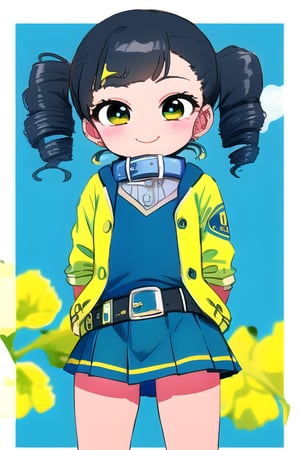 masterpiece, best quality,solo,1girl, looking at viewer, arms behind back,buttercup,loli,blue and yellow style,ppgzbb , black leotard, sleveless blue  jacket , blueskirt,r,mesugaki, belt,(loli:1.3),smile,twintails, drill hair, 