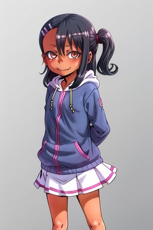 masterpiece, best quality, (solo:1.3), 1girl , arms behind back,looking_at_viewer,(loli:1.3),dusk,lake,black hoodie,black hair,dark skin, hairclip, brown eyes, hairclip,nagatoro hayase,cute_fang,smile,