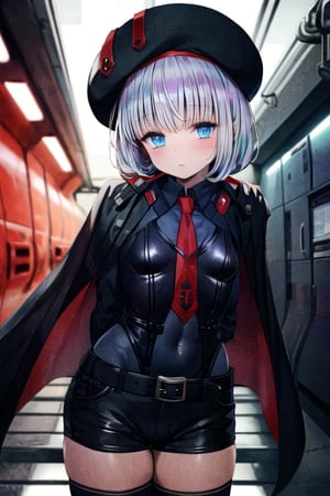 masterpiece, best quality, solo, 1girl, (arms behind back:1.1),loli,dark tunnel,looking at viewer, vesti (nikke),red necktie,black bodysuit, black thighhighs, cape, long sleeves, beret, black shorts,belt