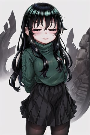 masterpiece, best quality, solo, 1girl, (arms behind back:1.1),loli,dark tunnel,looking at viewer,long_hair,  black_hair, closed_eyes,green sweater,smile,  sleeves_past_wrists,  turtleneck, closed_mouth, bangs, long_sleeves,stockings