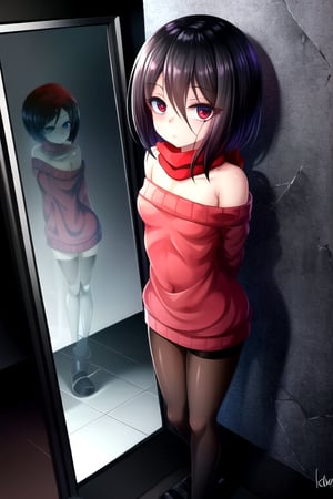 masterpiece, best quality, (solo:1.1), 1girl , arms behind back,looking_at_viewer,horror theme,sweater,(mini_girl:1.3), off_shoulder,loli,black stockings, reflection,broken glass,red scarf,short_hair,