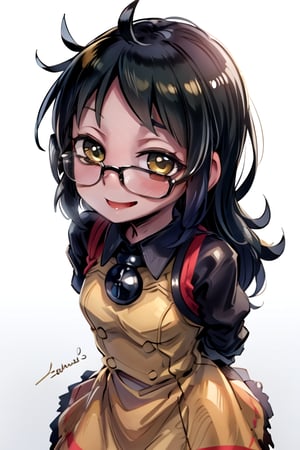 masterpiece, best quality, (solo:1.1), 1girl ,in yellow and black style,( arms behind back :1.3),(loli:1.3),black hair, factory background,fusion of honeycomb and dress,smile,glasses,loli,from above, 