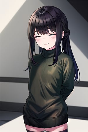 masterpiece, best quality, solo, 1girl, (arms behind back:1.1),loli,dark tunnel,looking at viewer,long_hair,  black_hair, closed_eyes,(green sweater:1.3),smile,  sleeves_past_wrists,  turtleneck, closed_mouth, bangs, ,flat_chest,long_sleeves,(black legswear:1.3),oversized_clothing,(little girl:1.2),