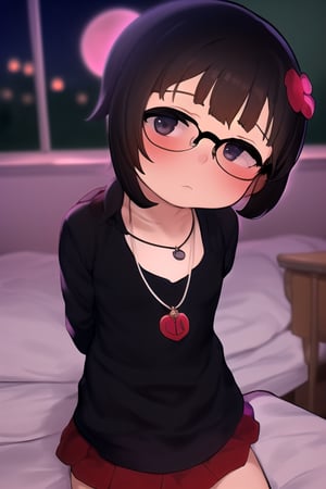 masterpiece, best quality, solo,looking at viewer, 1girl, arms behind back , looking at viewer, in bedroom,(loli:1.3), in black and red style, night, classroom, hair_flower, pendant, glasses, 