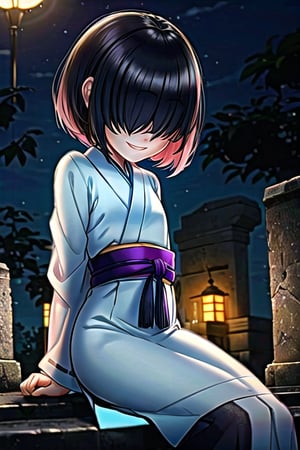 masterpiece, best quality, solo, 1girl,arms behind back,loli,ghost_girl,small_breast, smile,(night:1.3),sitting in cemetery,black_hair ,white japanese dress,obi,short_hair,hair over eyes