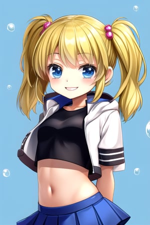 masterpiece, best quality,solo,1girl, looking at viewer, arms behind back, black crop top ,open jacket,  blue skirt,mesugaki, (loli:1.3),smile,twintails,blonde hair, bubbles background