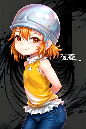 masterpiece, best quality, (solo:1.3), 1girl , arms behind back,looking_at_viewer, orange_hair, smile,SoraDef, orange eyes, sleeveless, shirt, jeans, helmet, short hair,yellow shirt,loli,data streaming background