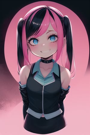 masterpiece, best quality,solo, cosplay, 1girl, black  hair,little girl,loli,mesugaki,looking at viewer,grin,in dark hole, arms behind back ,choker,off_shoulders,pink  streaked hair, twin_tails,collared_shirt,cropped_jacket,blue elbow_gloves