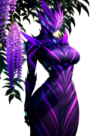 masterpiece, best quality, (solo:1.3), 1girl , arms behind back,looking_at_viewer,mechanical_arms,mechanical suit,fox mask,muscular,wisteria tree background,symmetrical,in purple and black style,mechanical japanese_dress