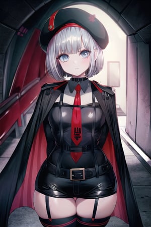 masterpiece, best quality, solo, 1girl, (arms behind back:1.1),dark tunnel,looking at viewer, vesti (nikke),red necktie, black thighhighs, cape, long sleeves, beret, black shorts,tactics_belt