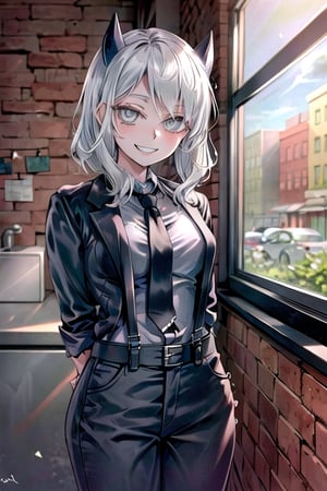 masterpiece, best quality, solo, 1girl, (arms behind back:1.1),brick wall, rika, cowboy shot, jewelry,  collared shirt, eyelashes, suspenders, black necktie, grey shirt,  black pants,looking at viewer,smile,pointed_teeth