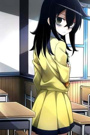 masterpiece, best quality, (solo:1.3), 1girl , arms behind back,looking_at_viewer,long hair, black-hair,hair over in one eye,school uniform, yellow jacket, classroom,bags under eyes, watamote,loli