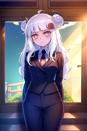 masterpiece, best quality, (solo:1.1), 1girl ,looking at viewer,( arms behind back :1.3),loli,stairs, scenery, white hair,leds  underworld, back suit,ribbon on body, long wavy hair, necktie,long pants, snails hair ornament, long sleeves