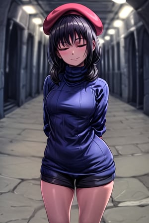 masterpiece, best quality, solo, 1girl, (arms behind back:1.1),loli,dark tunnel,looking at viewer,long_hair,  black_hair, closed_eyes,(blue sweater:1.3),smile,  red beret,short sleeves,  turtleneck, closed_mouth, dark_skin,coverd_eyes,bare legs,