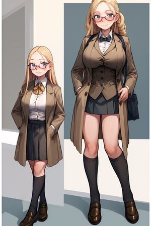 masterpiece, best quality,1girl,loli,blonde,gigantic_breasts,looking_at_viewer,white collared shirt , pleated_skirt, collar, glasses,brown coat,smile,Hands in pockets,closed_mouth
