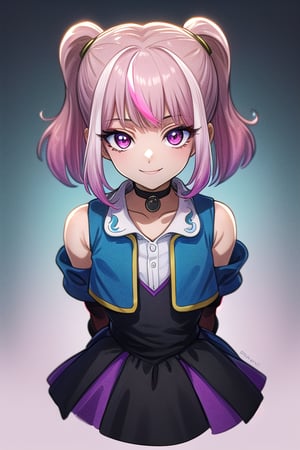 masterpiece, best quality,solo, cosplay, 1girl, black  hair,little girl,loli,mesugaki,looking at viewer,smile,in dark hole, arms behind back ,choker,off_shoulders,pink  streaked hair, twin_tails,collared_shirt,cropped_jacket,blue elbow_gloves