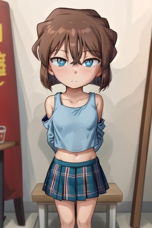 masterpiece, best quality,solo,1girl, looking at viewer, arms behind back ,(loli:1.2),short_hair,aihaibara,blue_eyes, brown_hair, closed_mouth,off-shoulder,crop_top,tartan_skirt,tiny_breasts