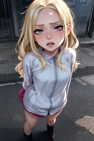 masterpiece, best quality, (solo:1.1), 1girl ,looking at viewer,( arms behind back :1.3),loli, blonde hair,  face focus,from above, wavy hair, long sleeves top ,raining,open mouth