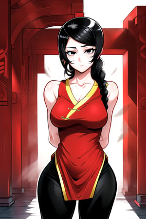 masterpiece, best quality, (solo:1.1), 1girl ,looking at viewer,(arms behind back :1.3),  collarbone,sleeveless dress, , red chinese dress,black long pants, black hair,curvy,black obi,(single braid:1.3),wind_chime theme