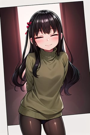 masterpiece, best quality, solo, 1girl, (arms behind back:1.1),loli,dark tunnel,looking at viewer,long_hair,  black_hair, closed_eyes,green sweater,smile,  sleeves_past_wrists,  turtleneck, closed_mouth, bangs, long_sleeves,stockings