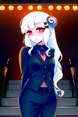 masterpiece, best quality, (solo:1.1), 1girl ,looking at viewer,( arms behind back :1.3),loli,stairs, scenery, white hair,leds  underworld, back suit,ribbon on body, long wavy hair, necktie,long pants, snails hair ornament, long sleeves