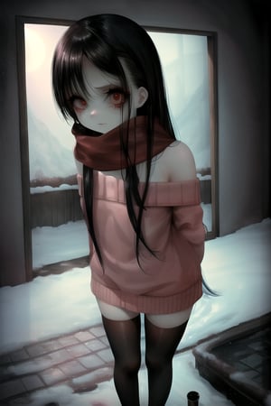 masterpiece, best quality, (solo:1.1), 1girl , arms behind back,looking_at_viewer,horror theme,sweater,(mini_girl:1.3), off_shoulder,loli,black stockings,snow, reflection,broken glass,red scarf