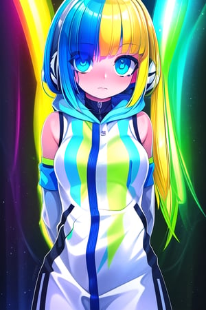 masterpiece, best quality,solo,1girl, looking at viewer, (arms behind back:1.3),green and blue style,multiple screen backgrounds,fusion of transparent raincoat and neon lights,hood up,long_sleeves,sleeves_past_wrist