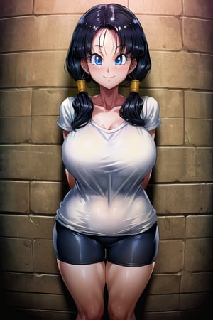 masterpiece, best quality, solo, 1girl, (arms behind back:1.1),brick wall,looking at viewer,smile,gigantic_breast, blue eyes, black hair,twintails, badge, white shirt, bike_shorts,videl2,collarbone