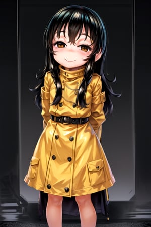 masterpiece, best quality, (solo:1.3), 1girl ,in yellow and black style,dusk,( arms behind back , :1.3),(loli:1.3),train station,black hair, long hair,honeycomb pattern oversized coat ,belt,smile,lab