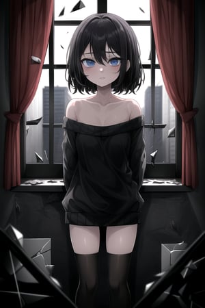 masterpiece, best quality, (solo:1.1), 1girl , arms behind back,looking_at_viewer,horror theme,sweater,(mini_girl:1.3), off_shoulder,loli,black stockings,window, reflection,broken glass,