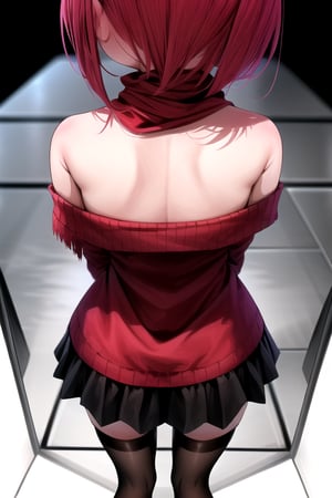 masterpiece, best quality, (solo:1.1), 1girl , arms behind back,looking_at_viewer,horror theme,sweater,(mini_girl:1.3), off_shoulder,loli,black stockings, reflection,broken glass,red scarf,short_hair,IncrsBrknGls