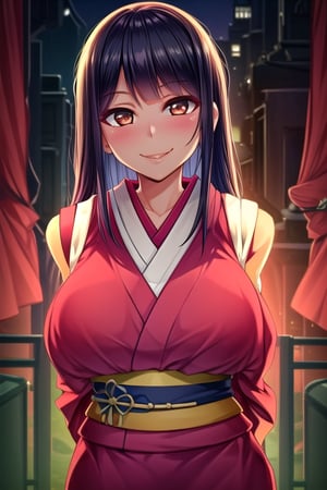 masterpiece, best quality,solo,1girl, looking at viewer, (arms behind back:1.3),kimono,green and blue style,japanese clothes,MulanWaifu,gigantic_breasts,obi,long_sleeves,brown_eyes,black_hair,japanese dress,smile,