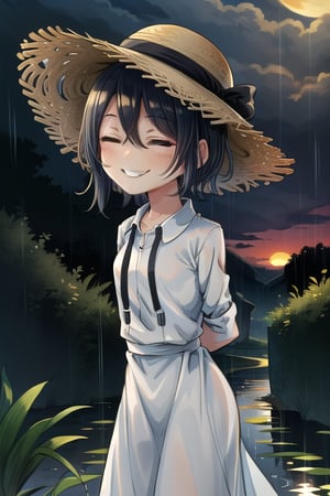 masterpiece, best quality, solo, 1girl,arms behind back,loli,rain, small_breast, smile,(dusk:1.3), Beside the rice fields,black_hair white dress,straw hat,covering eyes, shading eyes, (no eyes:1.2), 