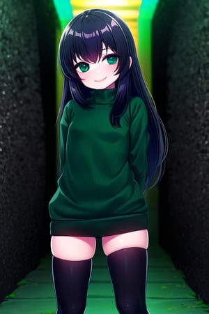 masterpiece, best quality, solo, 1girl, (arms behind back:1.1),loli,dark tunnel,looking at viewer,long_hair,  black_hair, closed_eyes,(green sweater:1.3),smile,  sleeves_past_wrists,  turtleneck, closed_mouth, bangs, ,flat_chest,long_sleeves,(black legswear:1.3),oversized_clothing,(little girl:1.2),