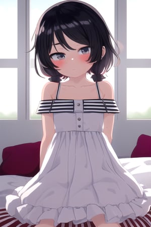 masterpiece, best quality, solo,looking at viewer, 1girl, arms behind back , looking at viewer, in bedroom,(loli:1.3), in white and red style, night, sleeveless dress, (horizontal stripes:1.2), off_shoulder, 