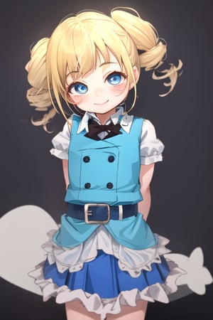 masterpiece, best quality,solo,1girl, looking at viewer, arms behind back,,ppgzbb , black leotard, blue sleeveless  jacket , blue skirt,mesugaki, belt,(loli:1.3),smile,twintails,blonde drill hair, 