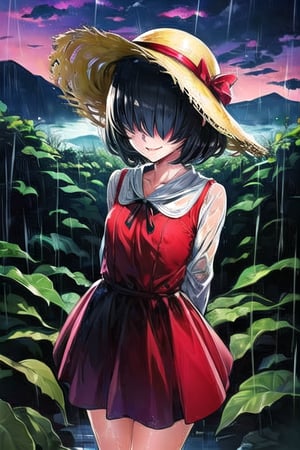 masterpiece, best quality, solo, 1girl,arms behind back,loli,,rain, small_breast, smile,(dusk:1.3), Beside the rice fields,black_hair red dress,straw hat,wet_clothes,short_hair,hair over eyes