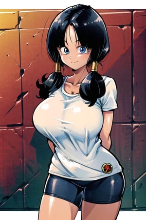 masterpiece, best quality, solo, 1girl, (arms behind back:1.1),brick wall,cowboy shot, ,looking at viewer,smile,gigantic_breast,sport bra, blue eyes, black hair,twintails, badge, white shirt, bike_shorts,videl2