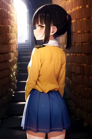 masterpiece, best quality, (solo:1.1), 1girl ,looking at viewer,in yellow and black style,( arms behind back :1.3),(loli:1.3),black hair, mesugaki, ,military ,smile,scenery, honeycomb and tunnel background