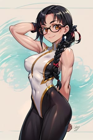 masterpiece, best quality,solo,1girl, looking at viewer, arms behind back,black bodysuit with red stripe,in ,black_hair,smile,glasses,gallery background,braid,loli,