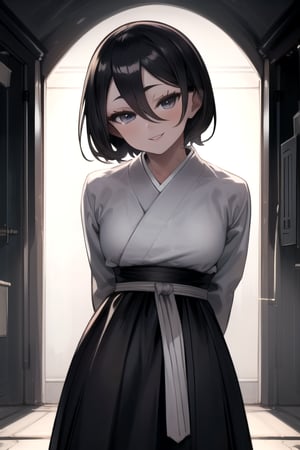 masterpiece, best quality, (solo:1.1), 1girl ,looking at viewer,( arms behind back :1.3),loli, kuchikirukia, black  long sleeves dress,white obi,,smile,night tunnel background,paint scans in the floor,