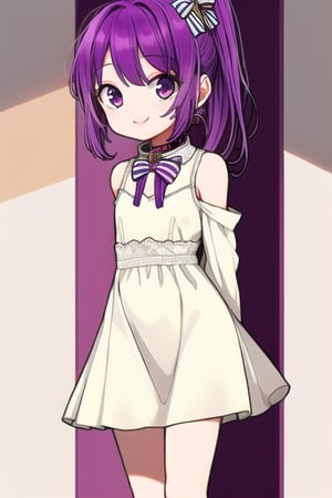 masterpiece, best quality, (solo:1.3), 1girl , arms behind back,looking_at_viewer,loli,mini_girl,purple_hair,long_sleeves,long_ponytail,smile,sleeveless dress, whitedress, flat chest,hair_ornament, bowtie, collar, off_shoulder, lace, striped, fashion show,on catwalk