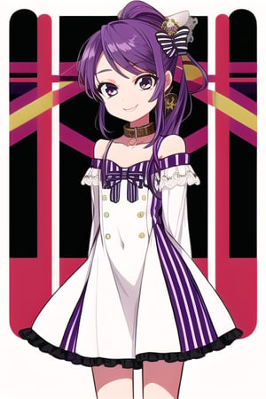 masterpiece, best quality, (solo:1.3), 1girl , arms behind back,looking_at_viewer,loli,mini_girl,purple_hair,long_sleeves,long_ponytail,smile,sleeveless dress, whitedress, flat chest,hair_ornament, bowtie, collar, off_shoulder, lace, striped,in fashion show,on catwalk