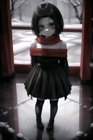 masterpiece, best quality, (solo:1.1), 1girl , arms behind back,looking_at_viewer,horror theme,sweater,(mini_girl:1.3), off_shoulder,loli,black stockings,snow, reflection,broken glass,red scarf,short_hair