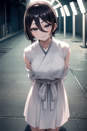 masterpiece, best quality, (solo:1.1), 1girl ,looking at viewer,( arms behind back :1.3),loli, kuchikirukia, black  long sleeves dress,white obi,,smile,night tunnel background,paint scans in the floor,