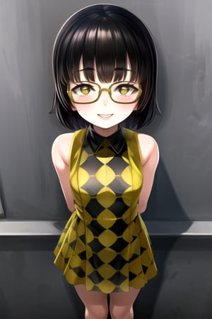 masterpiece, best quality, (solo:1.1), 1girl ,in yellow and black style,( arms behind back :1.3),(loli:1.3),black hair, factory background,fusion of honeycomb and dress,smile,glasses,loli,from above, 